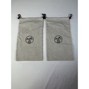 HERMES Dust Bag 2pc Lot Herringbone Beige Cotton Logo Drawstring 8.5x15 Shoe
